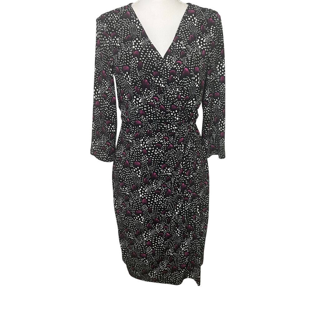 White House Black Market black white and purple faux wrap jersey dress 8